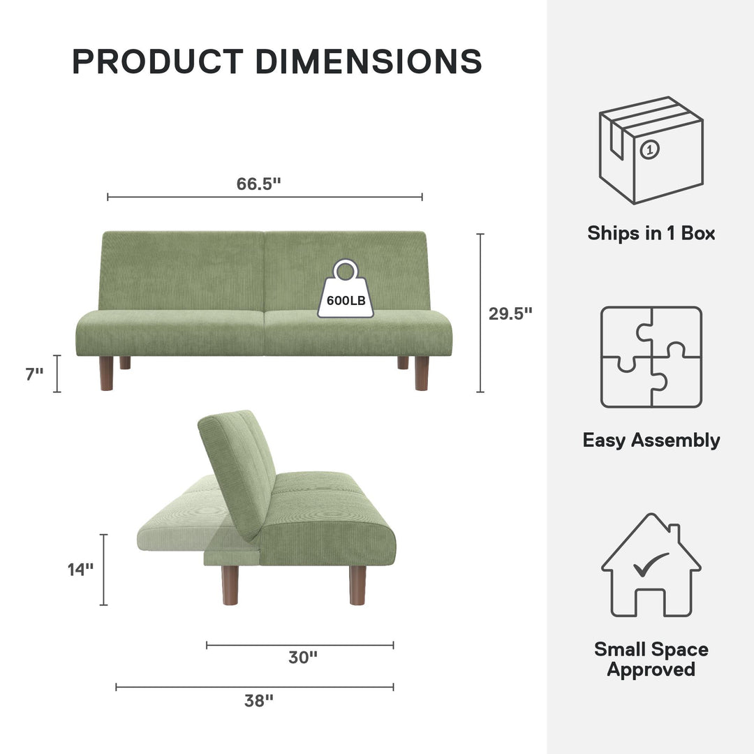 Myla Armless Corduroy Futon Sofa Bed - Sage Green - 3-Seater