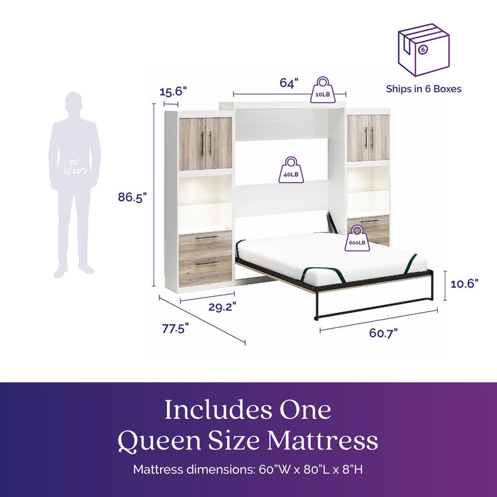 Pinnacle Queen Murphy Bed with 2 Side Cabinets and 8" Memory Foam Mattress TEST - Gray Oak - Queen