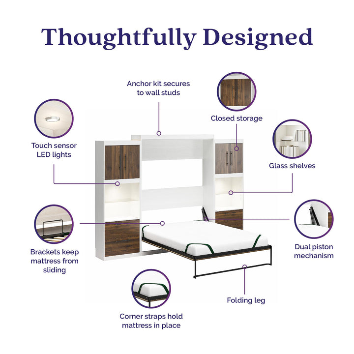 Pinnacle Queen Murphy Bed with 2 Side Cabinets and 8" Memory Foam Mattress - Columbia Walnut - Queen