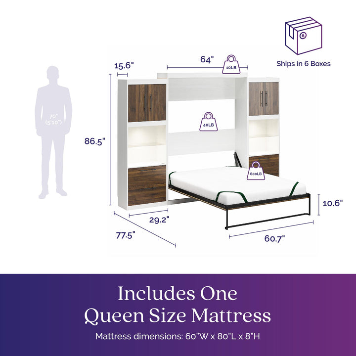 Pinnacle Queen Murphy Bed with 2 Side Cabinets and 8" Memory Foam Mattress - Columbia Walnut - Queen