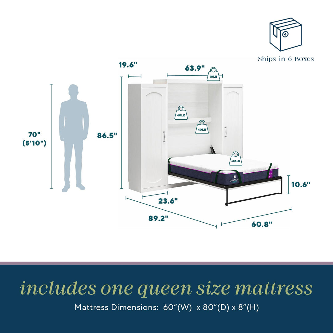 Her Majesty Queen Size Murphy Bed with 2 Side Cabinets and 8" Memory Foam Mattress - White - Queen