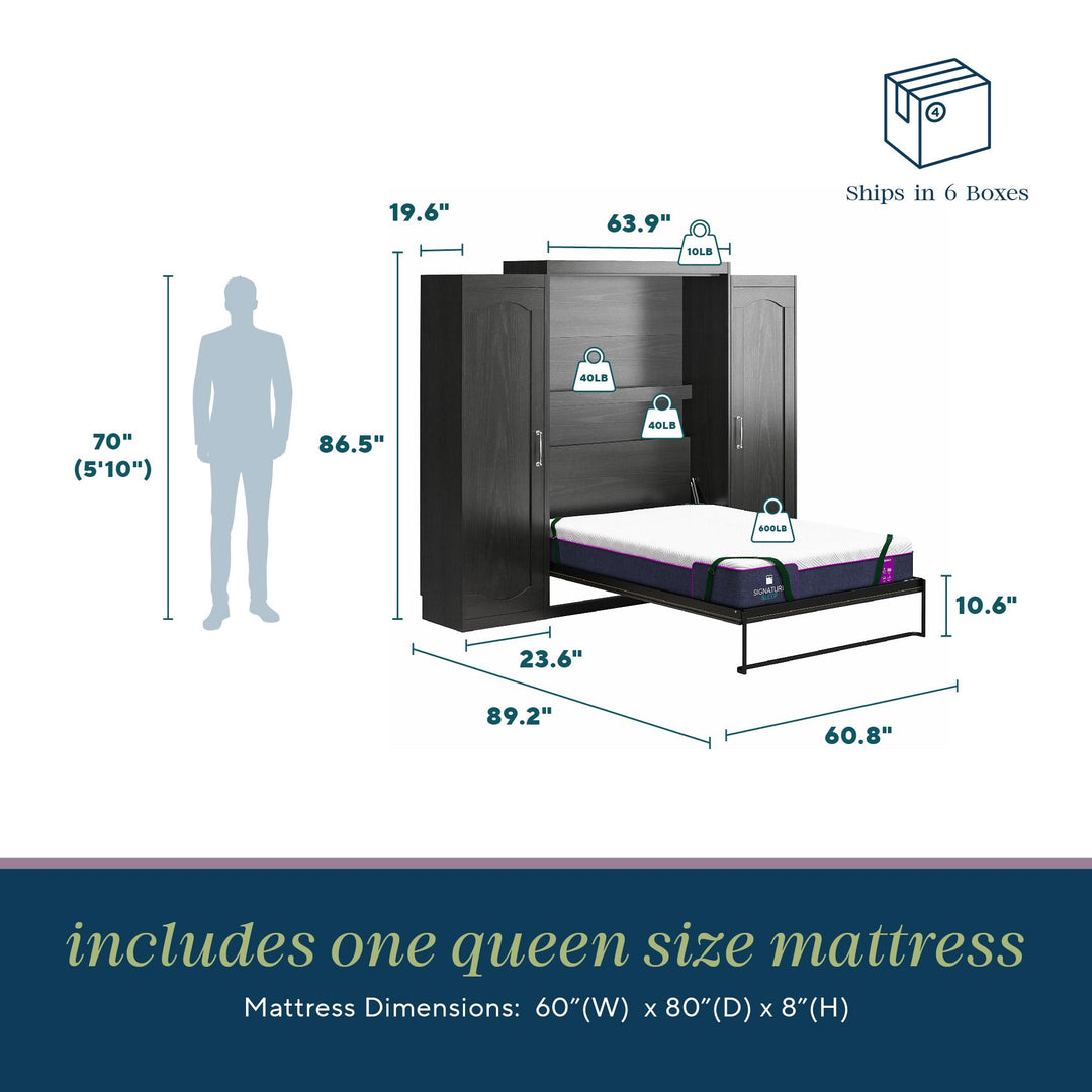 Her Majesty Queen Size Murphy Bed with 2 Side Cabinets and 8" Memory Foam Mattress - Black Oak - Queen