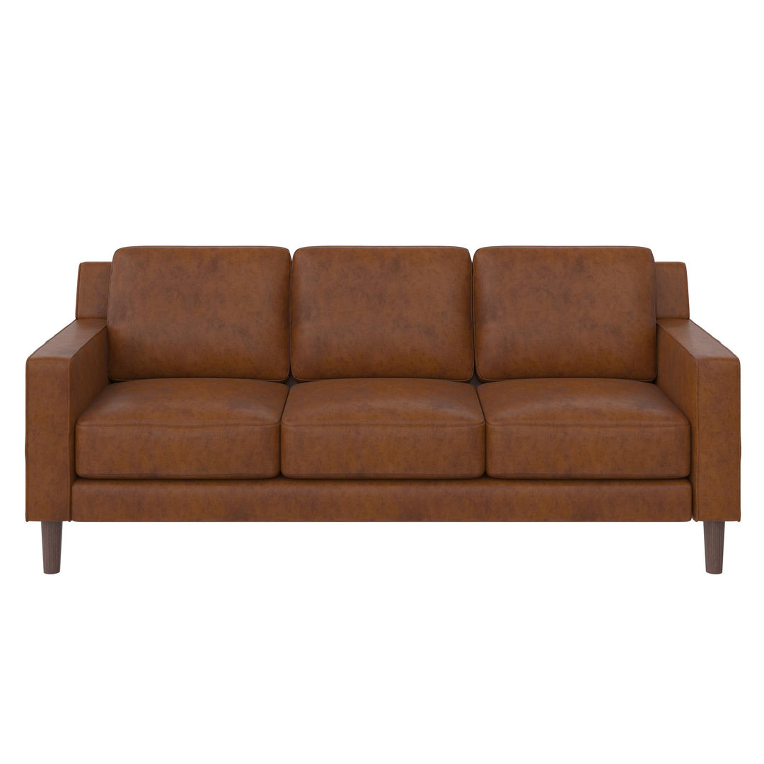 Brynn Fabric Upholstered 3 Seater Sofa with Wood Legs - Camel Faux Leather