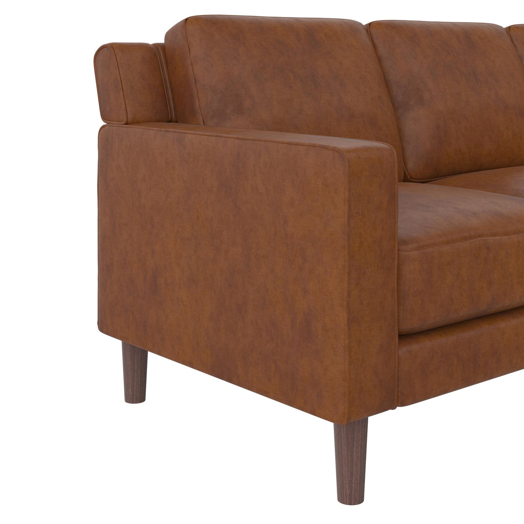 Brynn Fabric Upholstered 3 Seater Sofa with Wood Legs - Camel Faux Leather