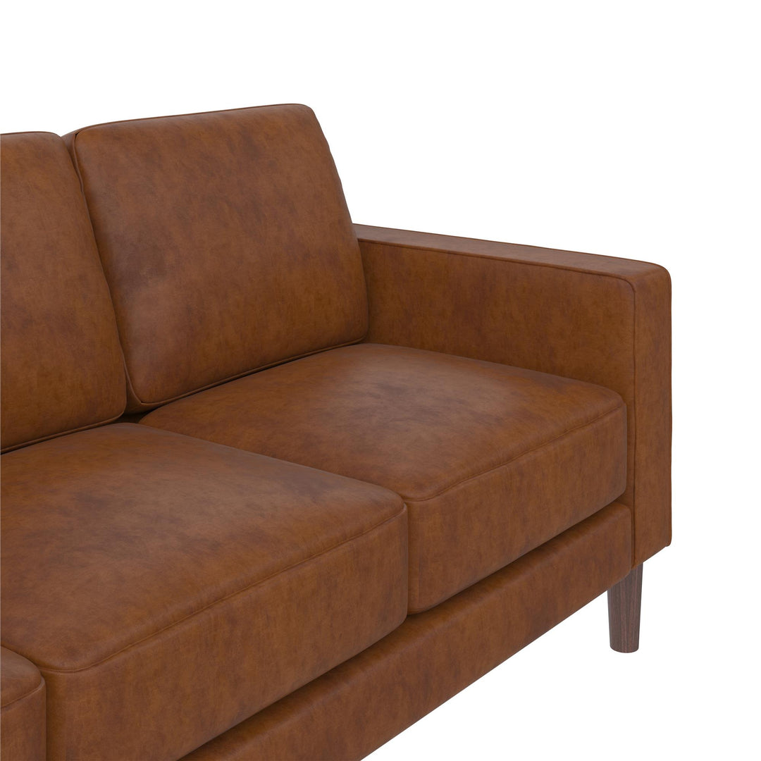 Brynn Fabric Upholstered 3 Seater Sofa with Wood Legs - Camel Faux Leather