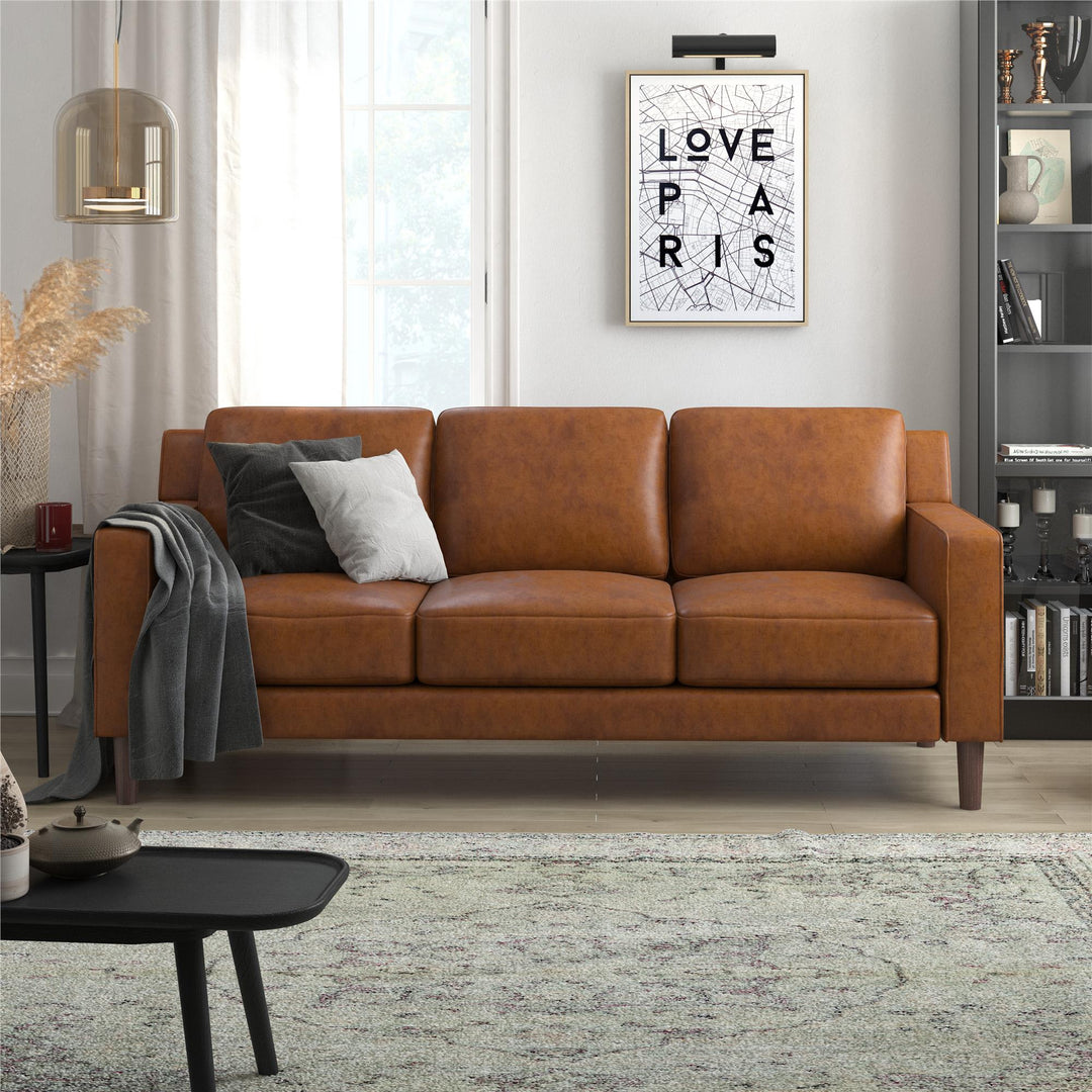 Brynn Fabric Upholstered 3 Seater Sofa with Wood Legs - Camel