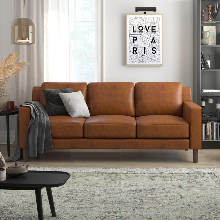 Brynn Fabric Upholstered 3 Seater Sofa with Wood Legs - Camel Faux Leather