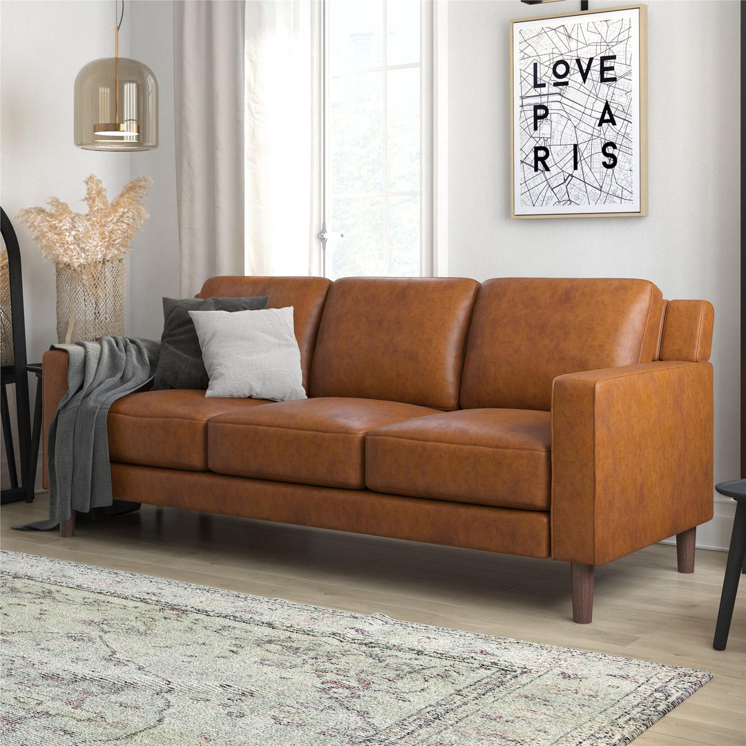 Brynn Fabric Upholstered 3 Seater Sofa with Wood Legs - Camel