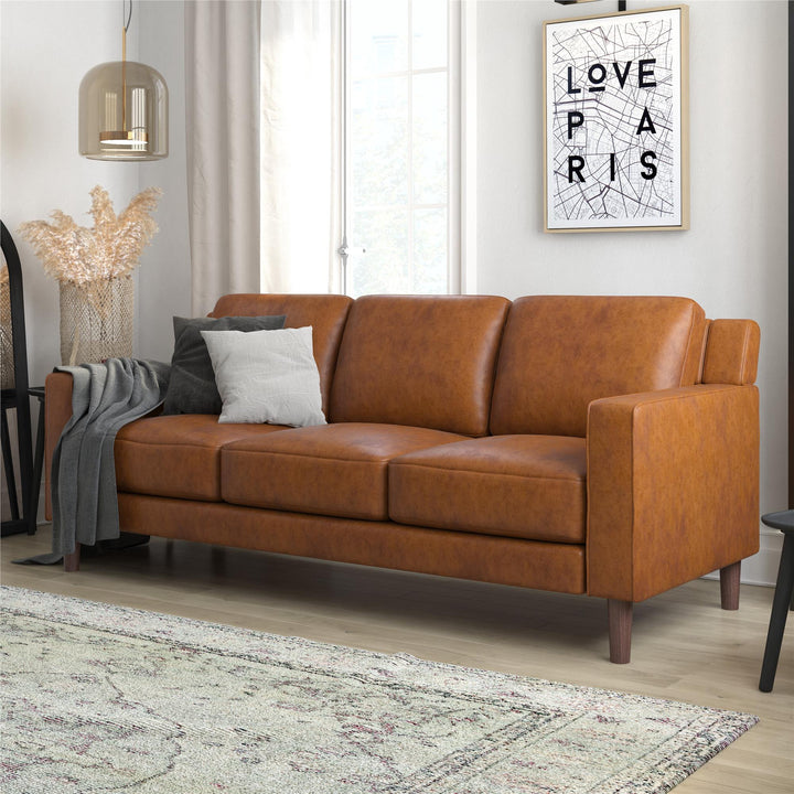 Brynn Fabric Upholstered 3 Seater Sofa with Wood Legs - Camel Faux Leather