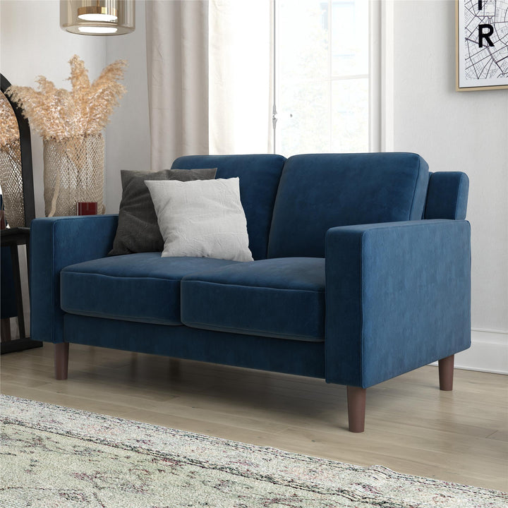 Brynn Fabric Upholstered 2 Seater Sofa with Wood Legs - Blue