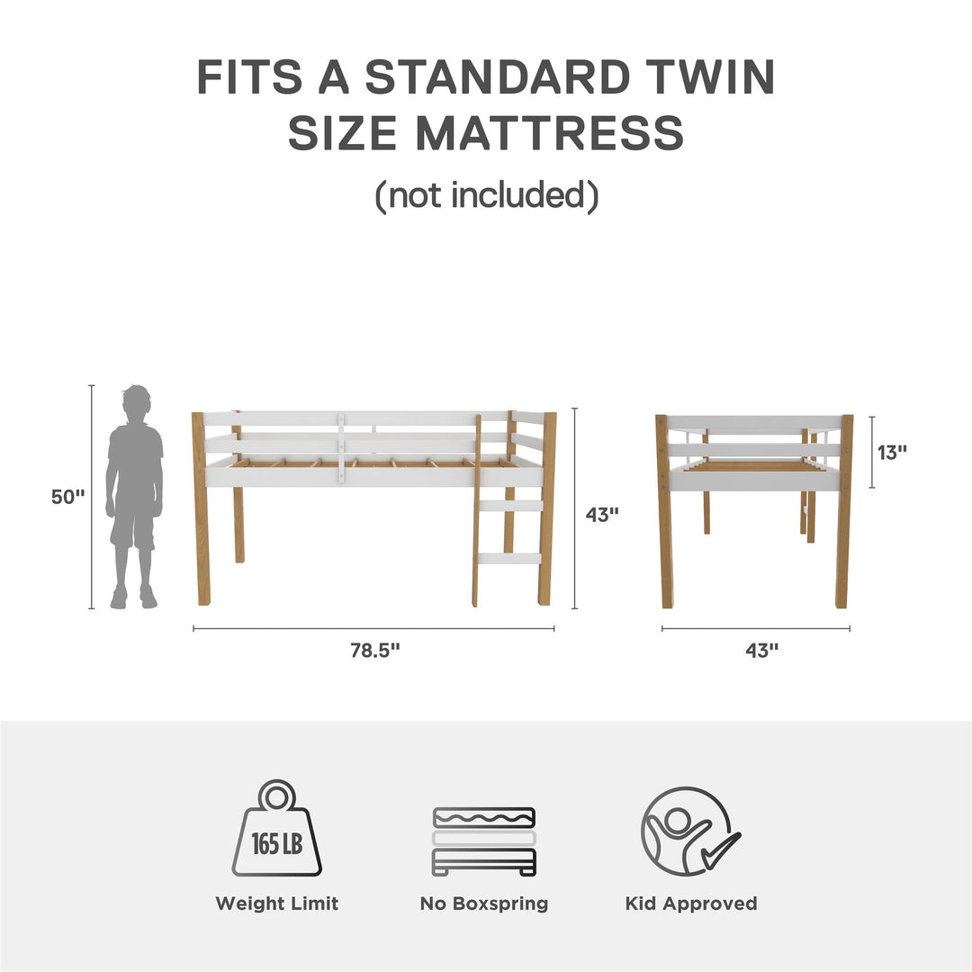 Milton Junior Twin Size Wooden Espresso Loft Bed for Kids - Natural/White