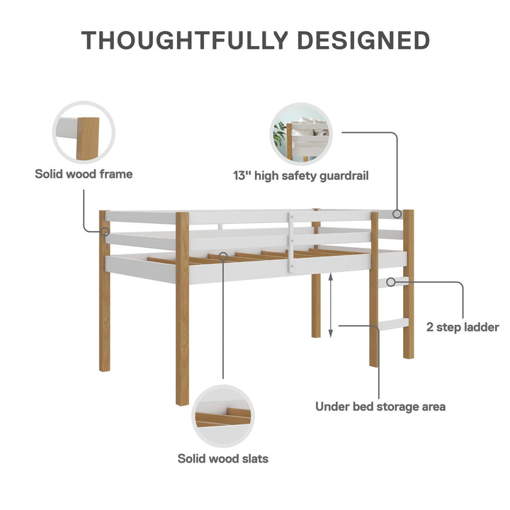 Milton Junior Twin Size Wooden Espresso Loft Bed for Kids - Natural/White