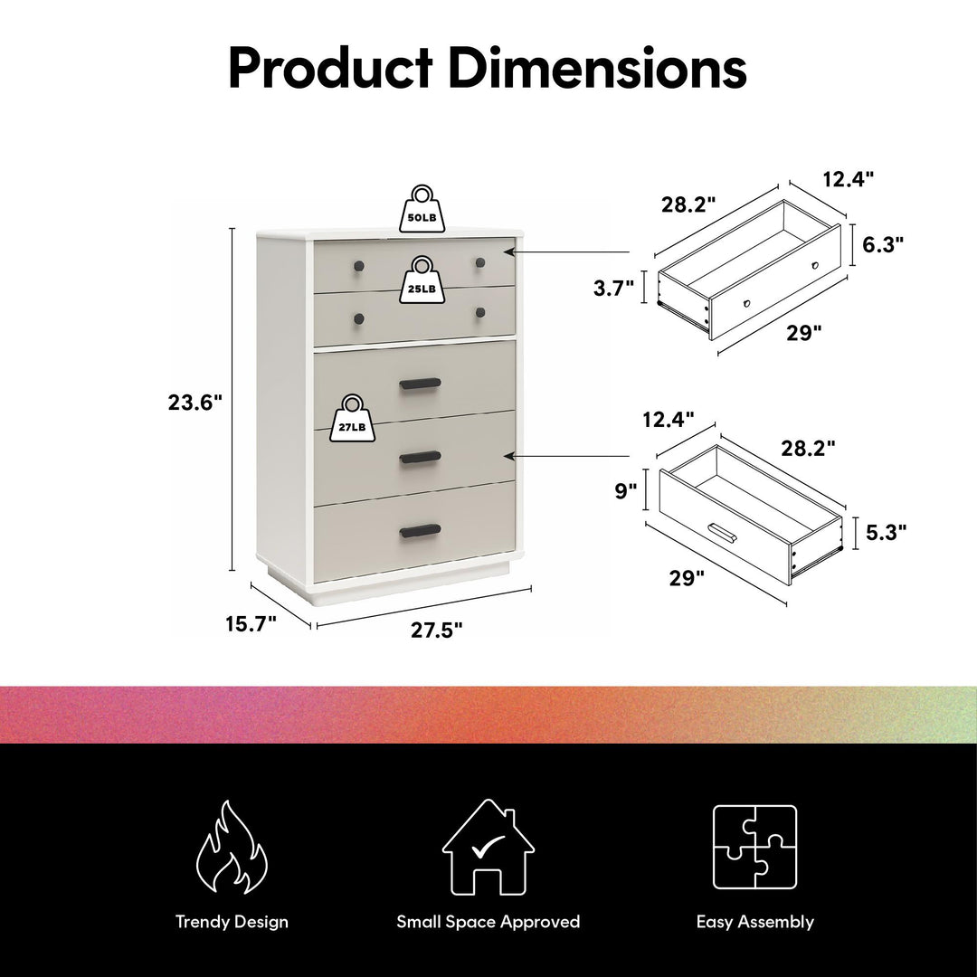 Valencia Tall 5 Drawer Dresser - Taupe/White