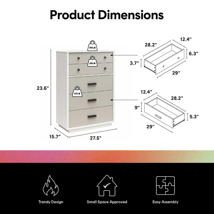 Valencia Tall 5 Drawer Dresser - Taupe/White