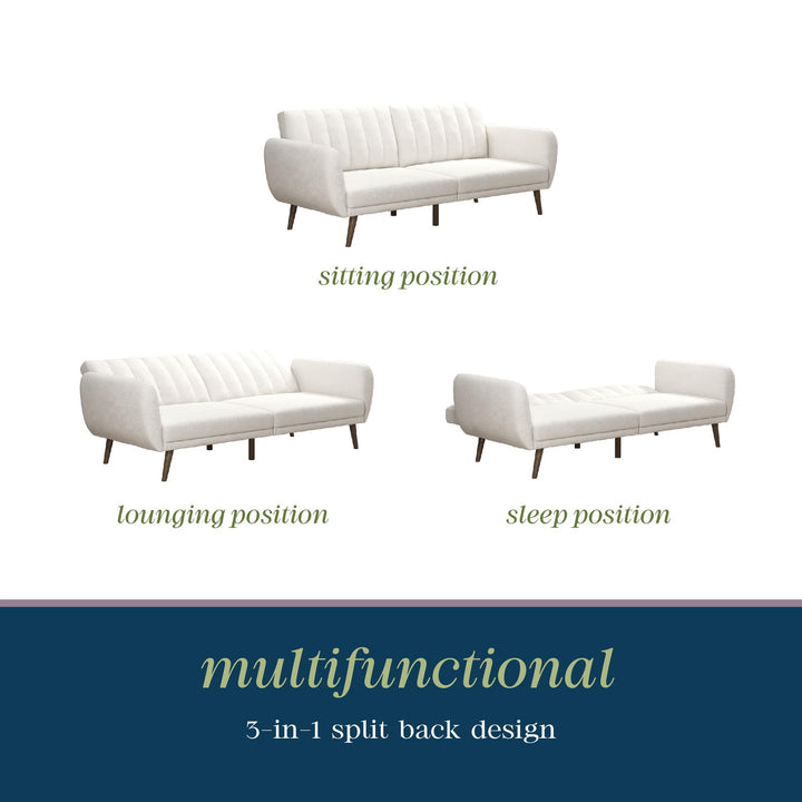 Brittany Futon with Vertical Channel Tufting and Curved Armrests - Ivory Boucle