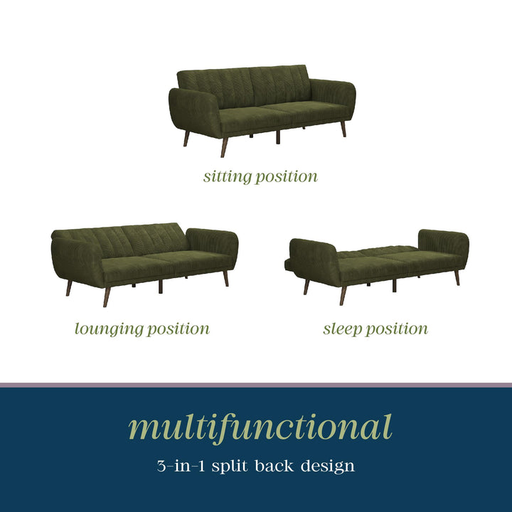 Brittany Futon with Vertical Channel Tufting and Curved Armrests - Sage Green