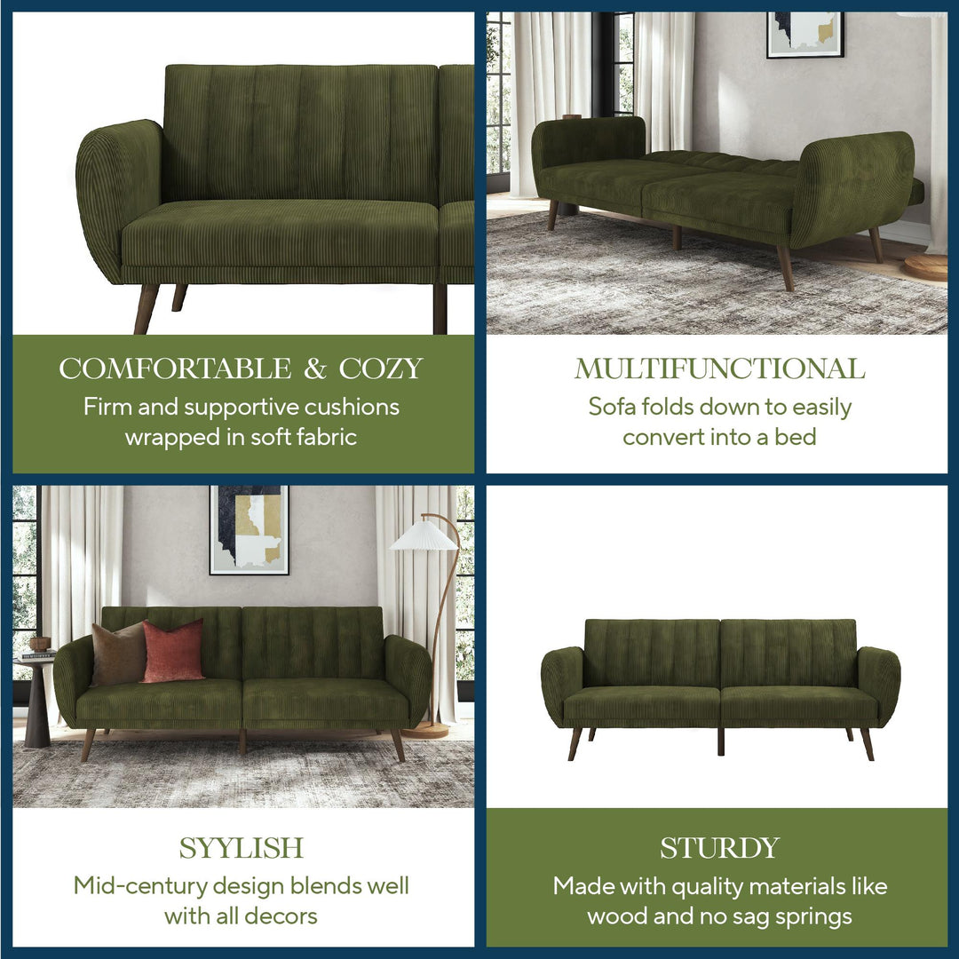 Brittany Futon with Vertical Channel Tufting and Curved Armrests - Sage Green