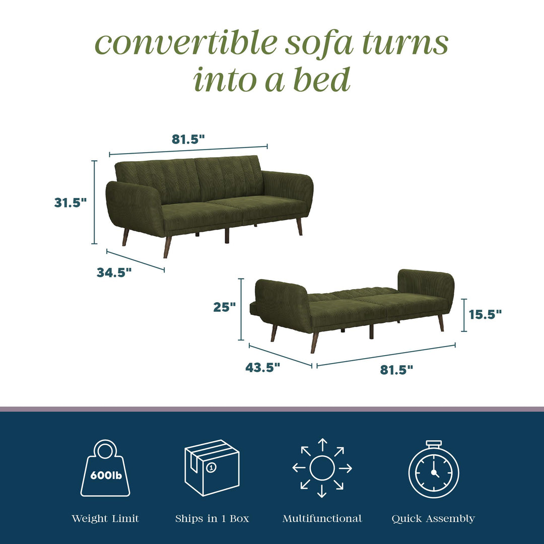 Brittany Futon with Vertical Channel Tufting and Curved Armrests - Sage Green