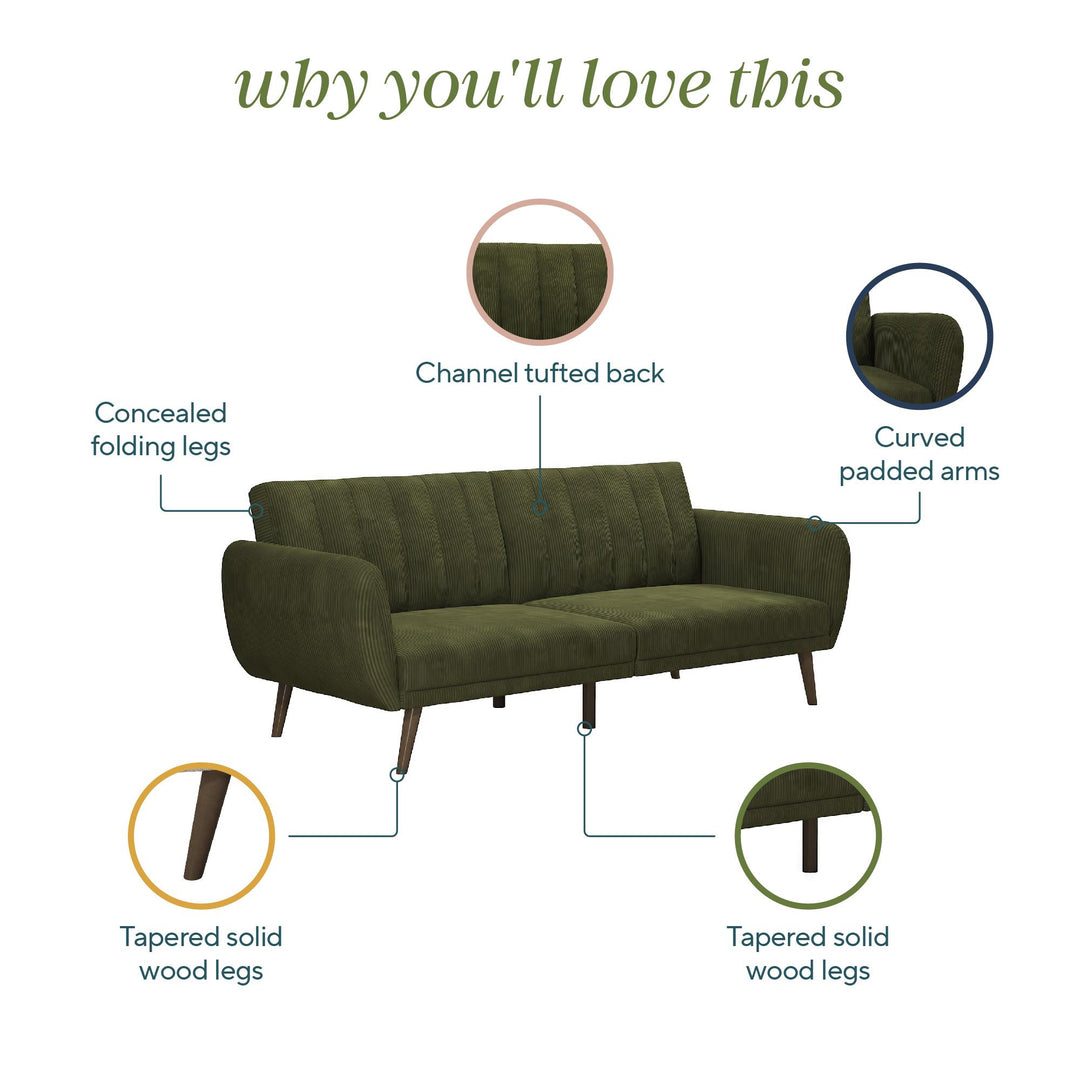 Brittany Futon with Vertical Channel Tufting and Curved Armrests - Sage Green