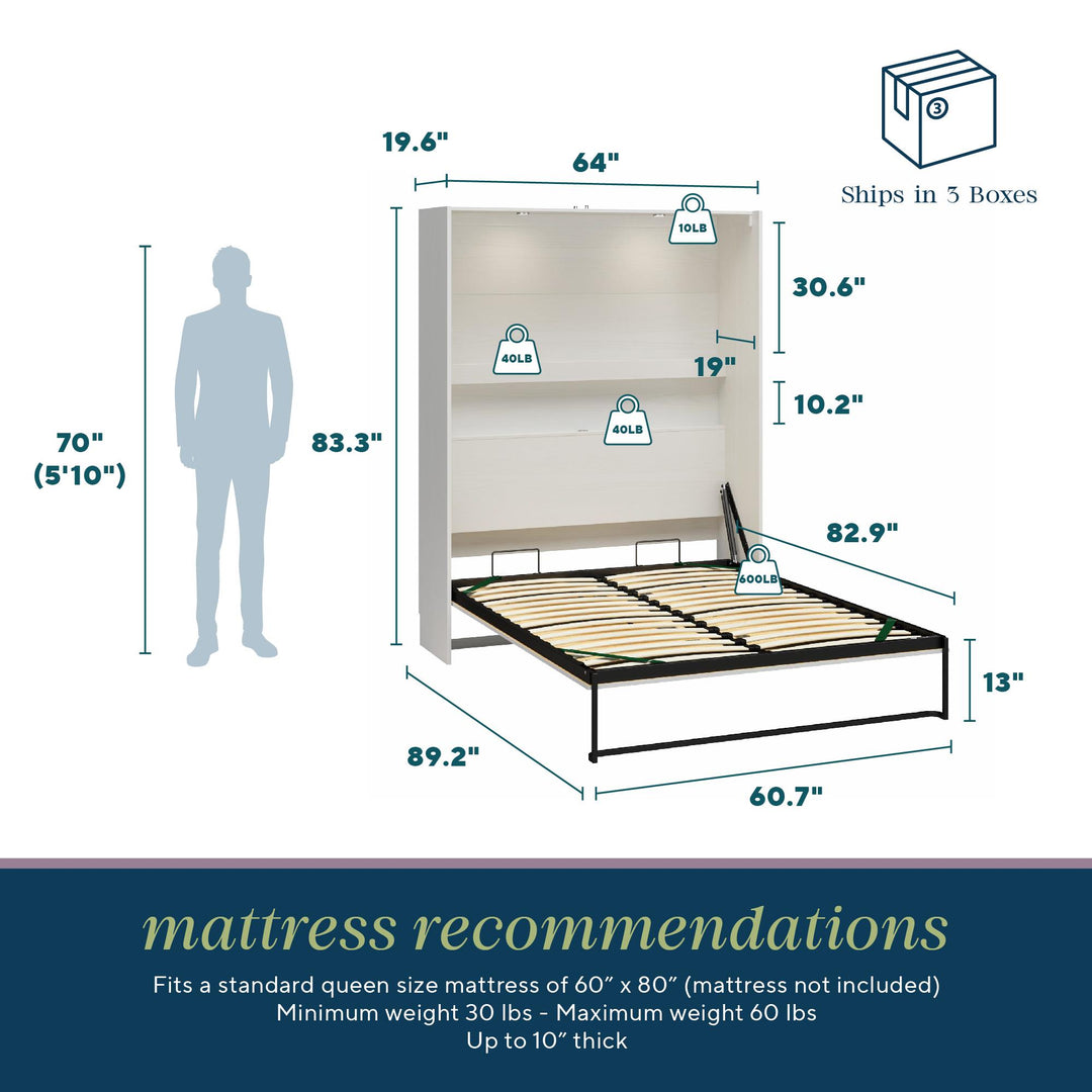 Holly Hills Murphy Wall Bed - White Pine - Queen