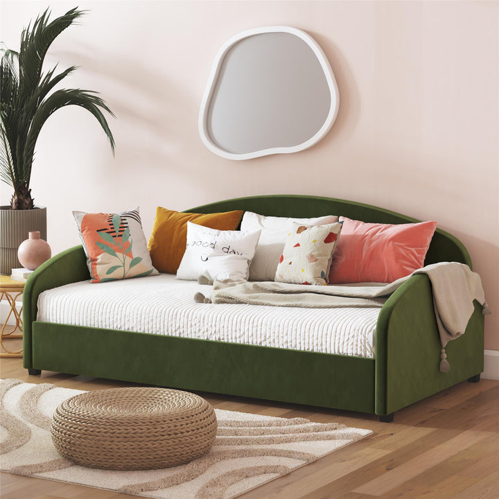 Moon Velvet Upholstered Daybed with Rounded Headboard - Olive Green - Twin