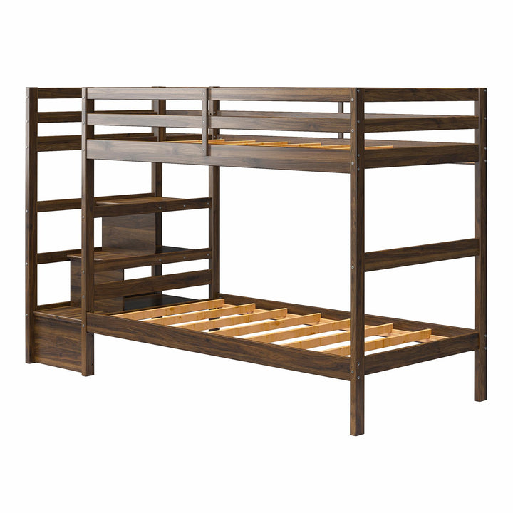 Zaire Wood Bunk Bed with Stairs and Shelves - Mocha Espresso - Twin-Over-Twin