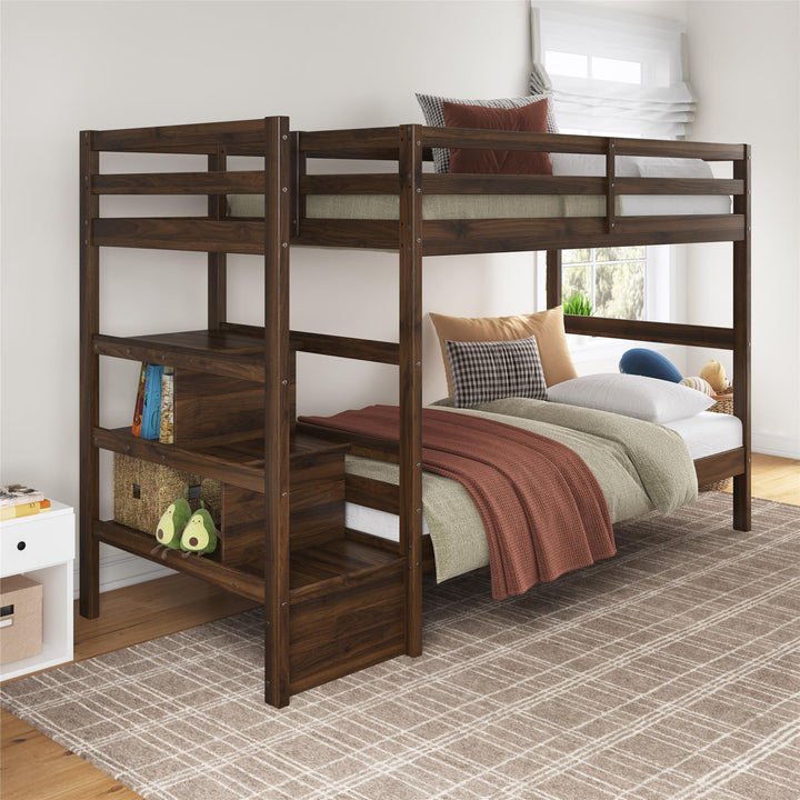 Zaire Wood Bunk Bed with Stairs and Shelves - Mocha Espresso - Twin-Over-Twin