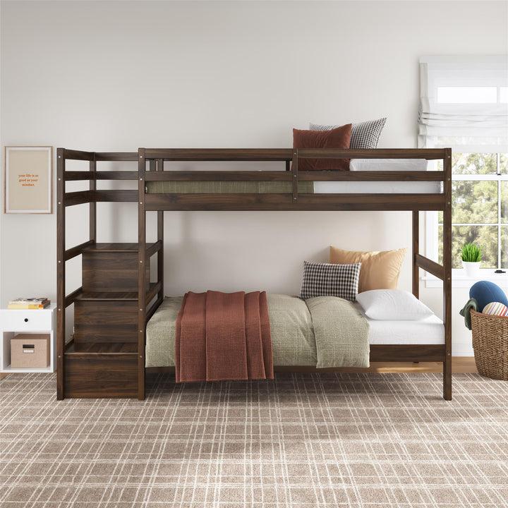 Zaire Wood Bunk Bed with Stairs and Shelves - Mocha Espresso - Twin-Over-Twin