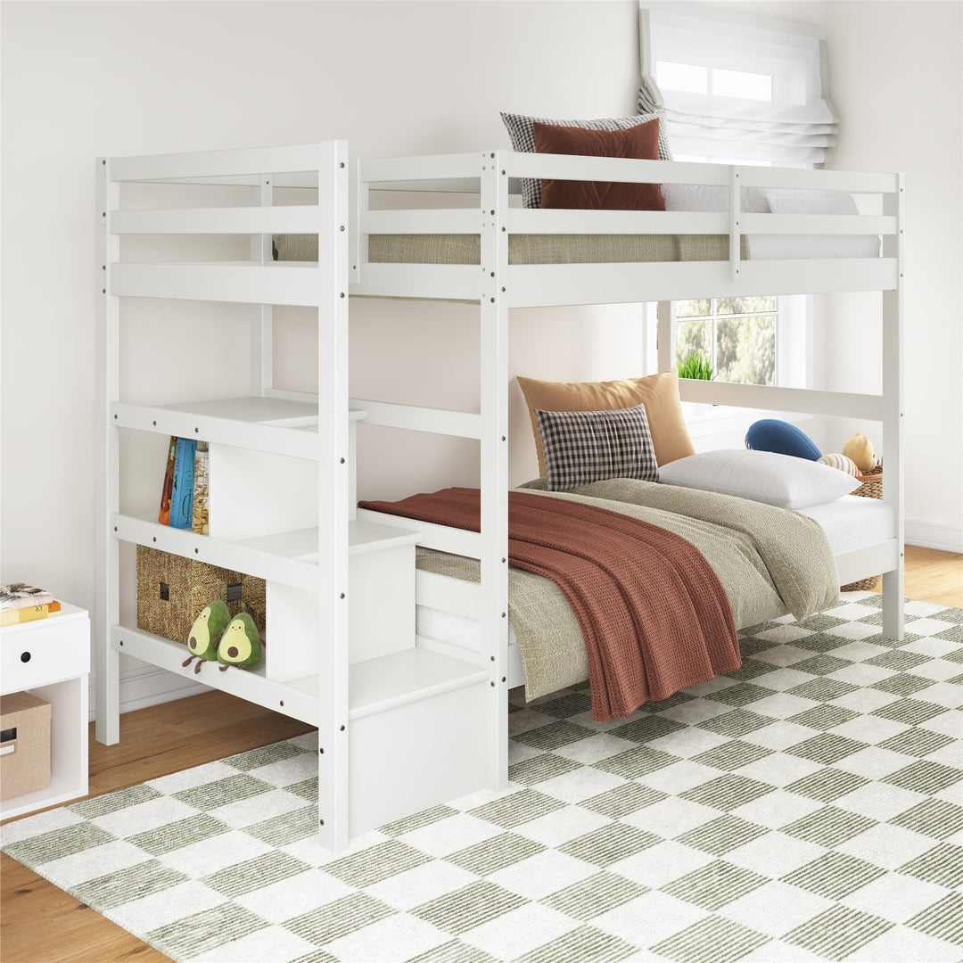 Zaire Wood Bunk Bed with Stairs and Shelves - White - Twin-Over-Twin