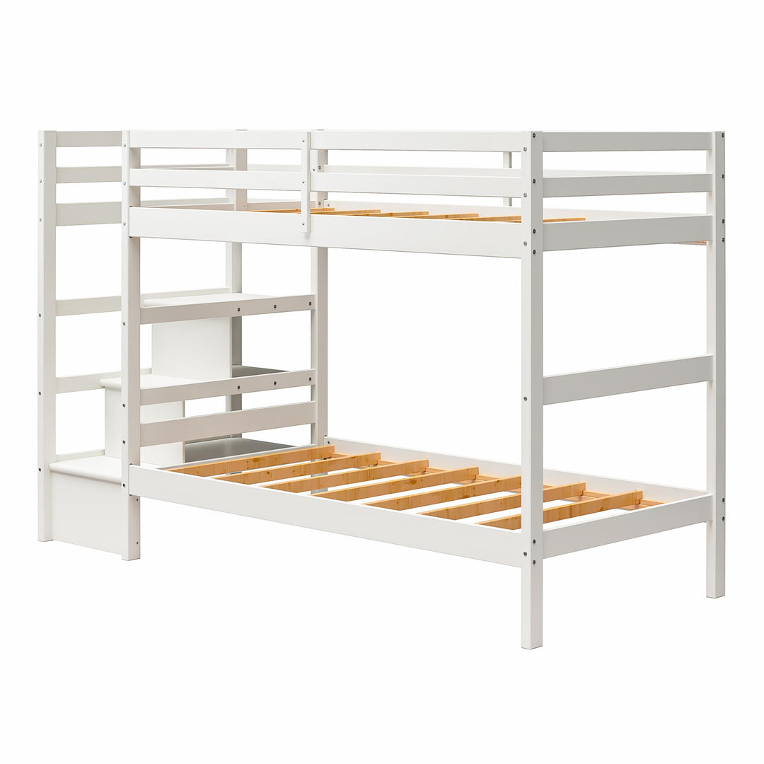 Zaire Wood Bunk Bed with Stairs and Shelves - White - Twin-Over-Twin