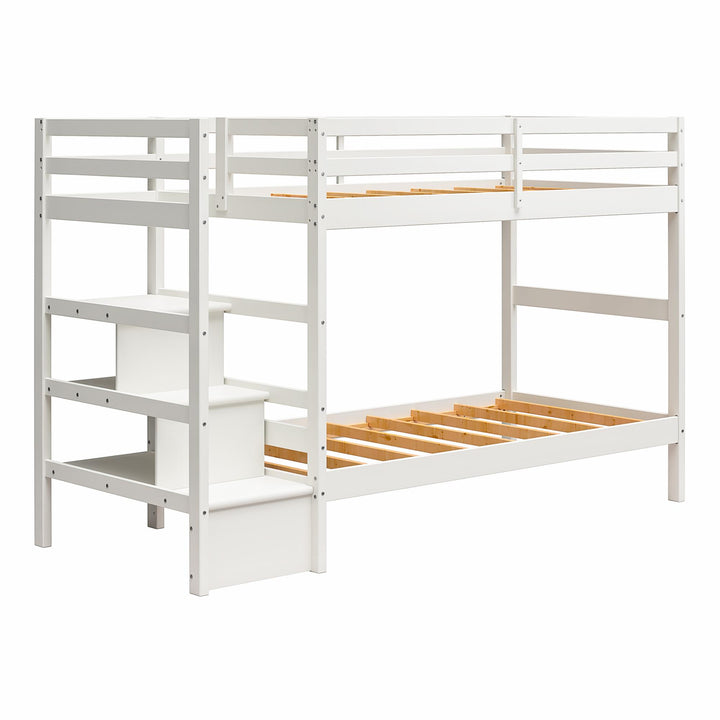 Zaire Wood Bunk Bed with Stairs and Shelves - White - Twin-Over-Twin