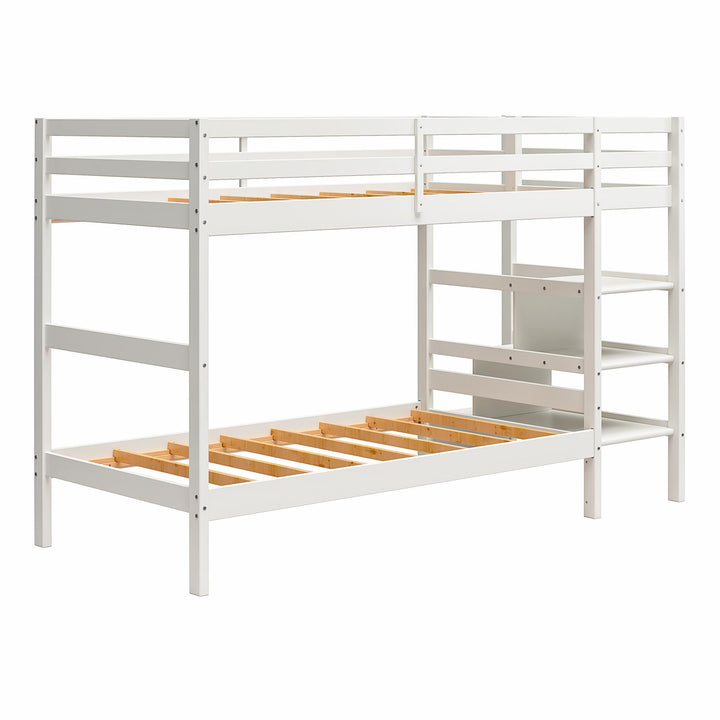 Zaire Wood Bunk Bed with Stairs and Shelves - White - Twin-Over-Twin