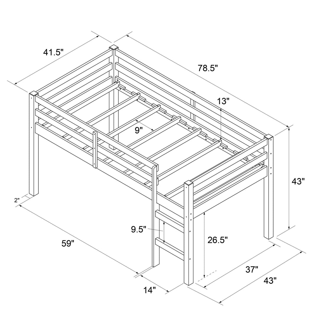 Milton Junior Twin Size Wooden Espresso Loft Bed for Kids - White