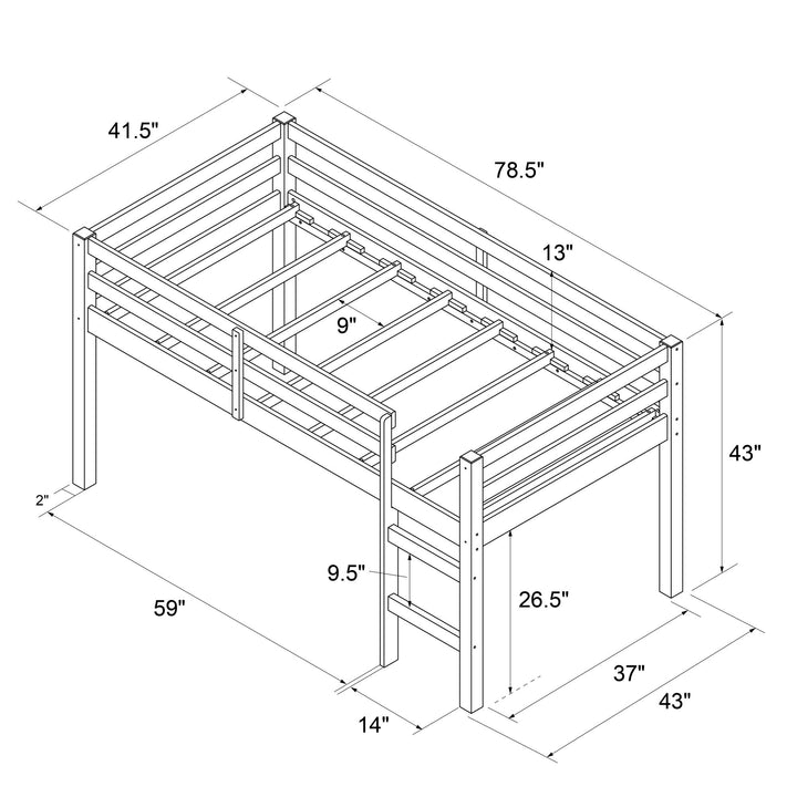 Milton Junior Twin Size Wooden Espresso Loft Bed for Kids - White