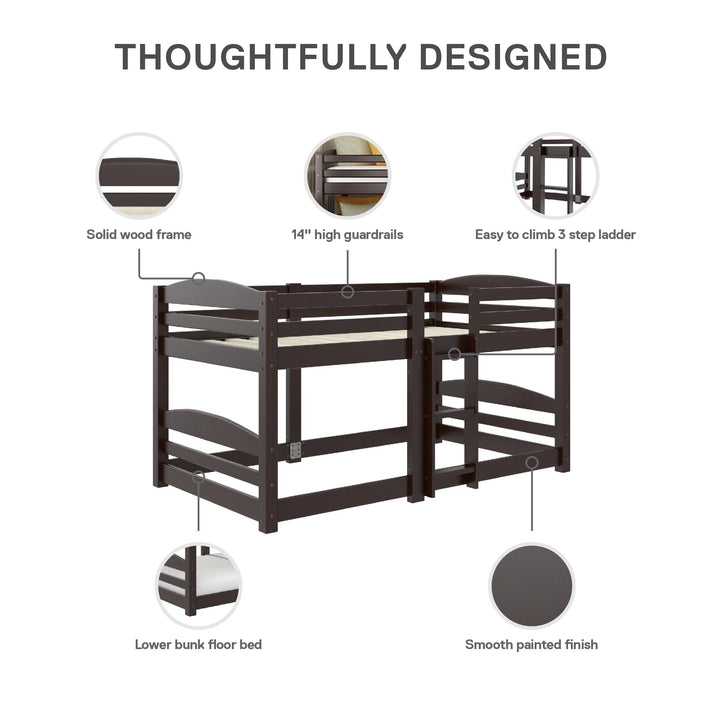 DHP Birley Low Wood Bunk Bed for Kids, Twin over Twin, Espresso - Espresso - Twin-Over-Twin