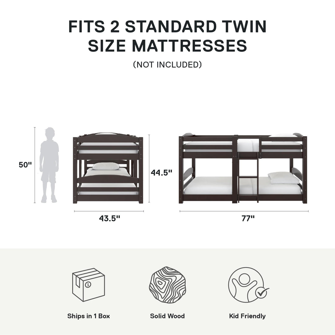 DHP Birley Low Wood Bunk Bed for Kids, Twin over Twin, Espresso - Espresso - Twin-Over-Twin