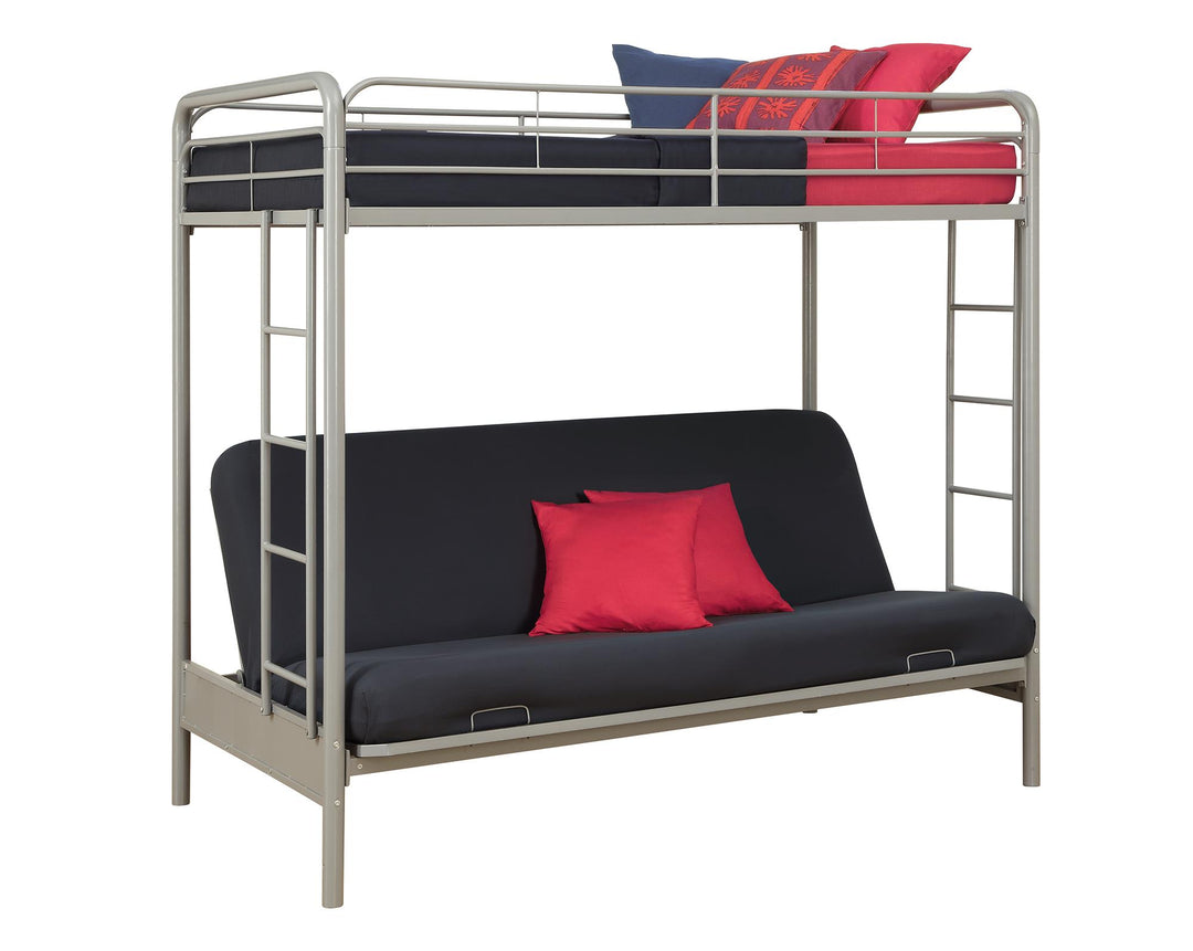 Sammuel Twin over Futon Metal Bunk Bed with Integrated Ladders and Guardrails - Silver - Twin-Over-Futon