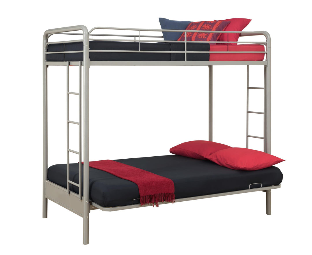 Sammuel Twin over Futon Metal Bunk Bed with Integrated Ladders and Guardrails - Silver - Twin-Over-Futon