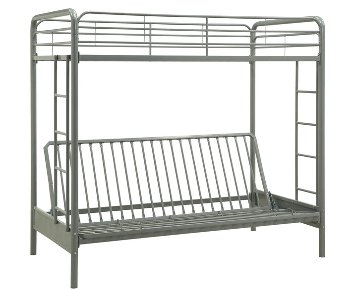 Sammuel Twin over Futon Metal Bunk Bed with Integrated Ladders and Guardrails - Silver - Twin-Over-Futon