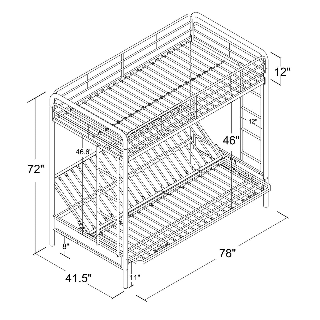 Sammuel Twin over Futon Metal Bunk Bed with Integrated Ladders and Guardrails - Silver - Twin-Over-Futon