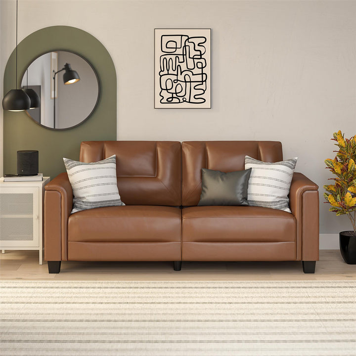 Bubba 75.5 inch Upholstered Sofa with Pillow Arms - Brown Faux Leather - 3-Seater