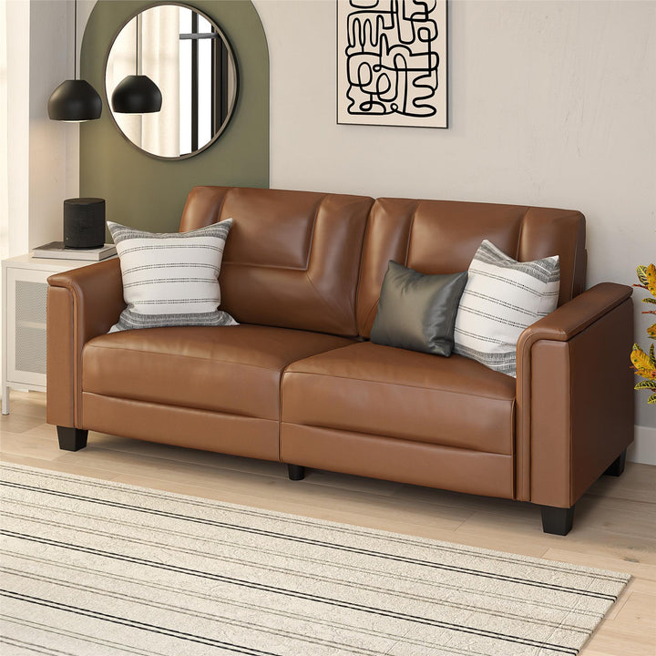 Bubba 75.5 inch Upholstered Sofa with Pillow Arms - Brown Faux Leather - 3-Seater