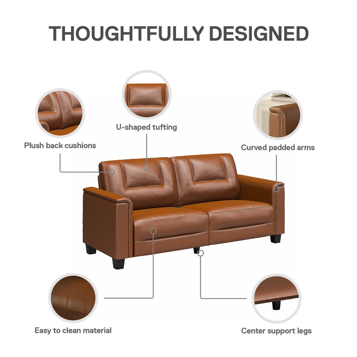 Bubba 75.5 inch Upholstered Sofa with Pillow Arms - Brown Faux Leather - 3-Seater