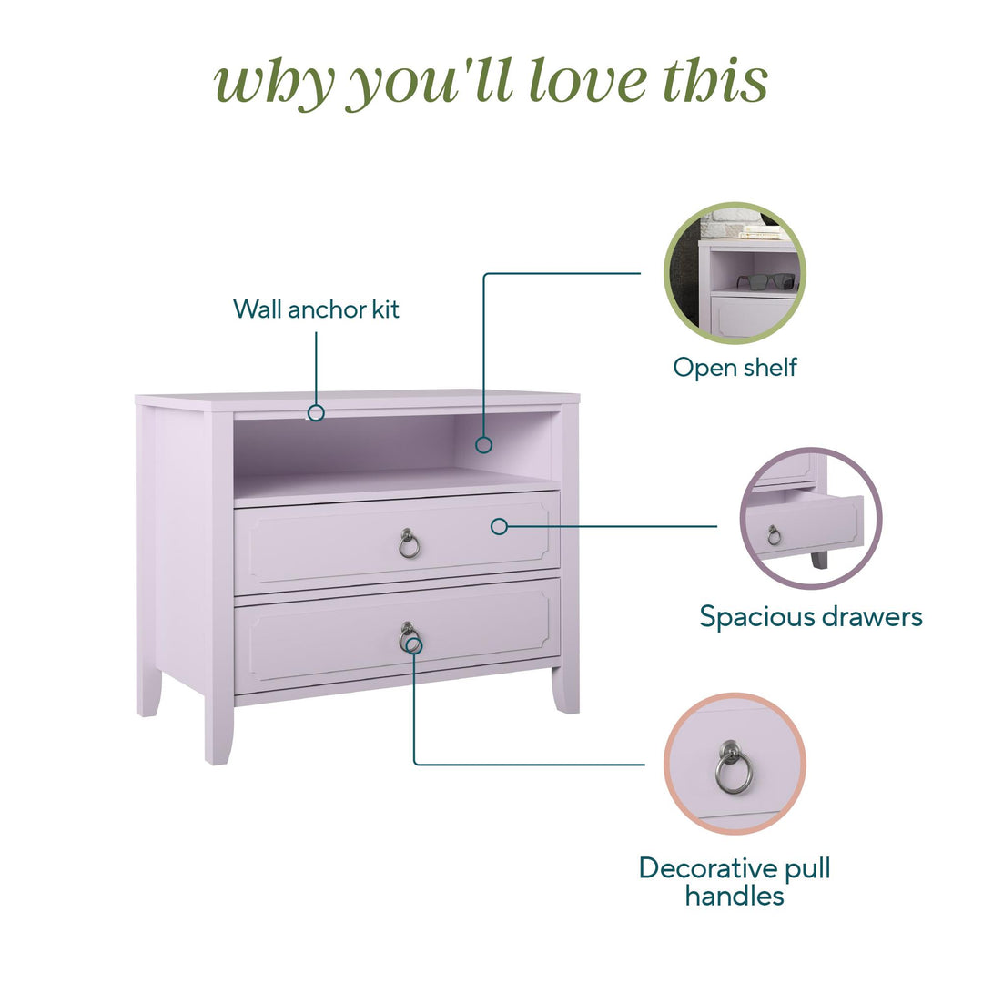 Her Majesty 2 Drawer Nightstand with 1 Open Cubby and 2 Drawers - Lavender