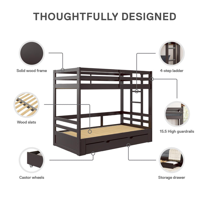 Rhodes Extendable Twin-over-Twin/King Bunk Bed with Storage Drawer, - Brown - Twin-Over-Twin