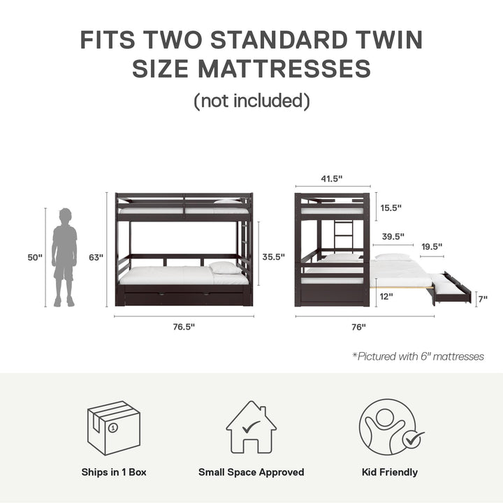 Rhodes Extendable Twin-over-Twin/King Bunk Bed with Storage Drawer, - Brown - Twin-Over-Twin