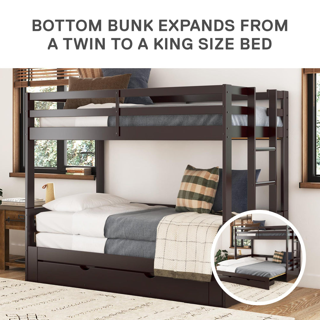 Rhodes Extendable Twin-over-Twin/King Bunk Bed with Storage Drawer, - Brown - Twin-Over-Twin