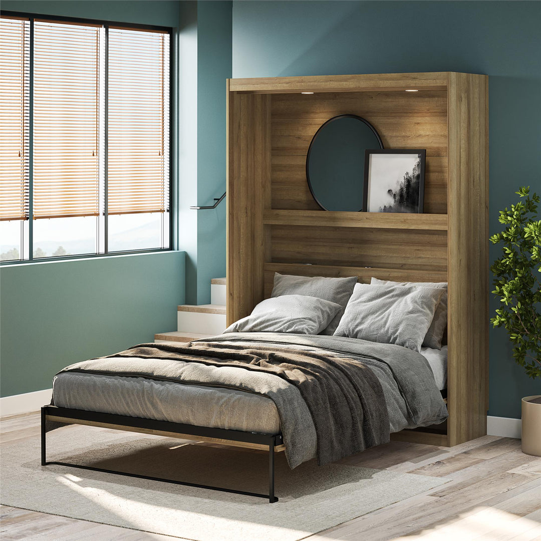 Impressions Full Wall Bed with Gallery Shelf & Touch Sensor LED Lighting - Natural - Full