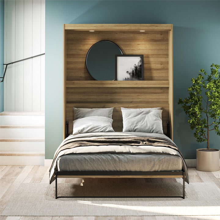 Impressions Full Wall Bed with Gallery Shelf & Touch Sensor LED Lighting - Natural - Full