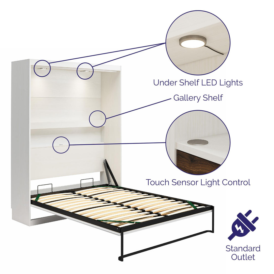 Impressions Full Wall Bed with Gallery Shelf & Touch Sensor LED Lighting - Natural - Full